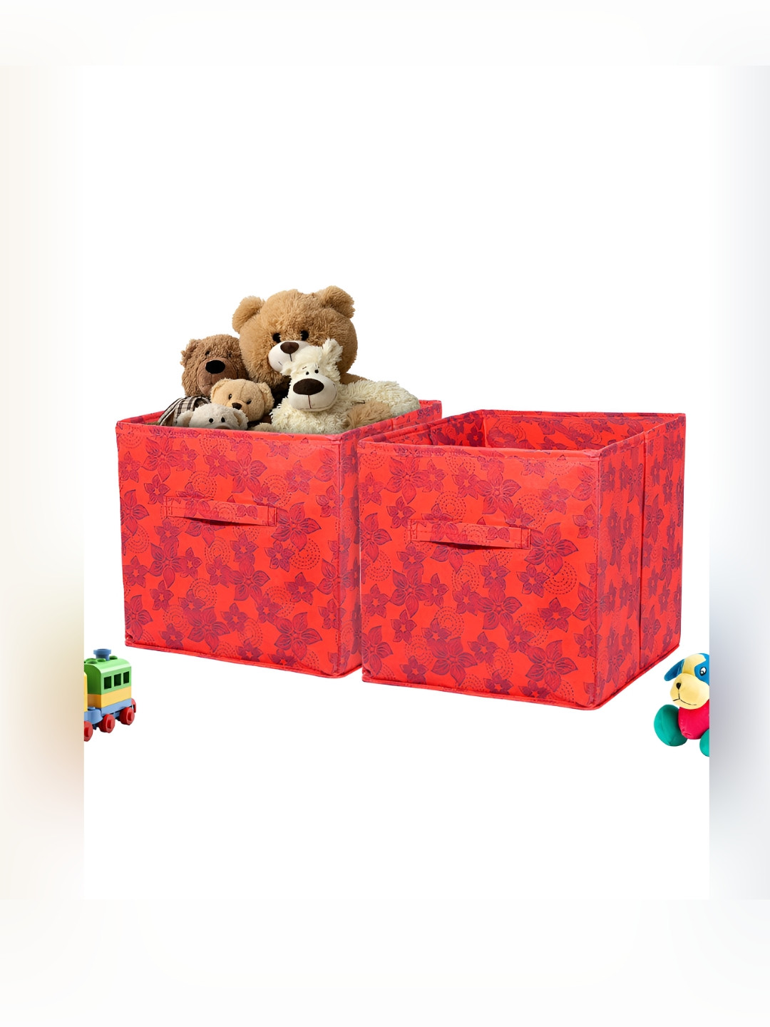 Aura Set of 2 Red Square Storage Box for Wardrobe Drawer Organisers with Handle