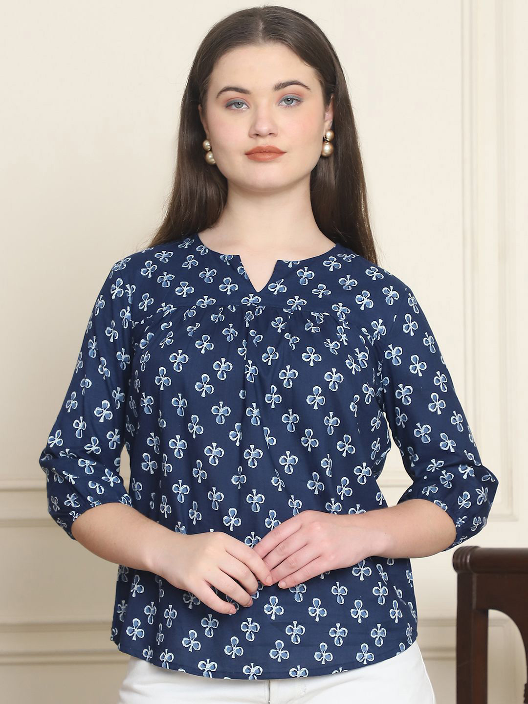 Moda Rapido Floral Print Indigo Organic Cotton Empire Top