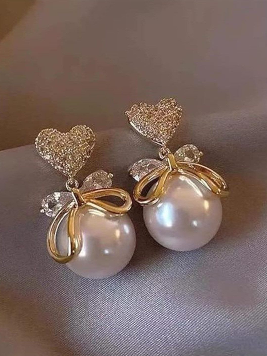 Amrav Girls Cubic Zirconia Stones Studded And Pearls Beaded Heart Shaped Drop Earrings