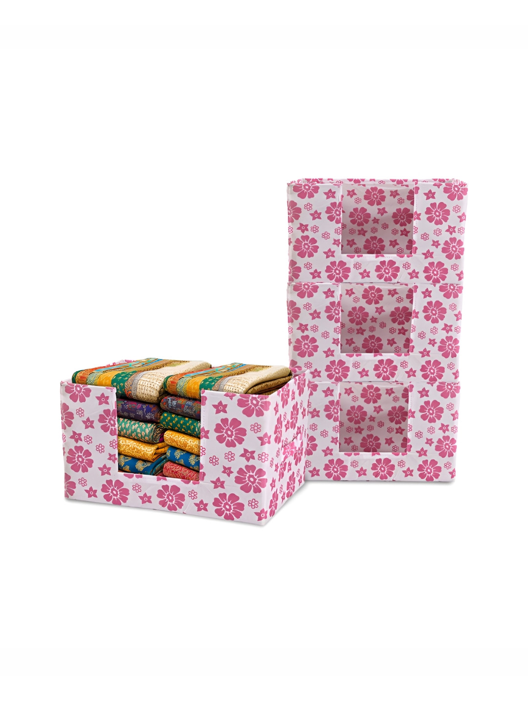 Aura 4 Pcs Pink Cloth Organizer Wardrobe Drawer Storage Box with Handle