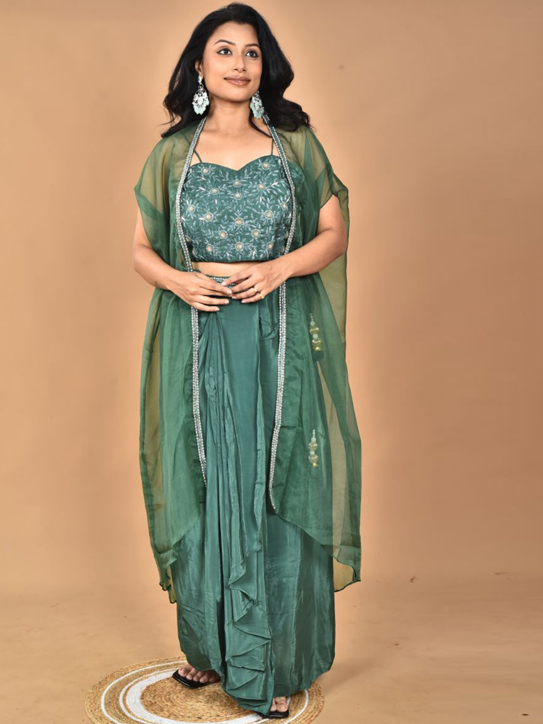 Morchari Hand Embroidery Shoulder Strap Neck Crop Top & Jacket With Skirt Co-Ords