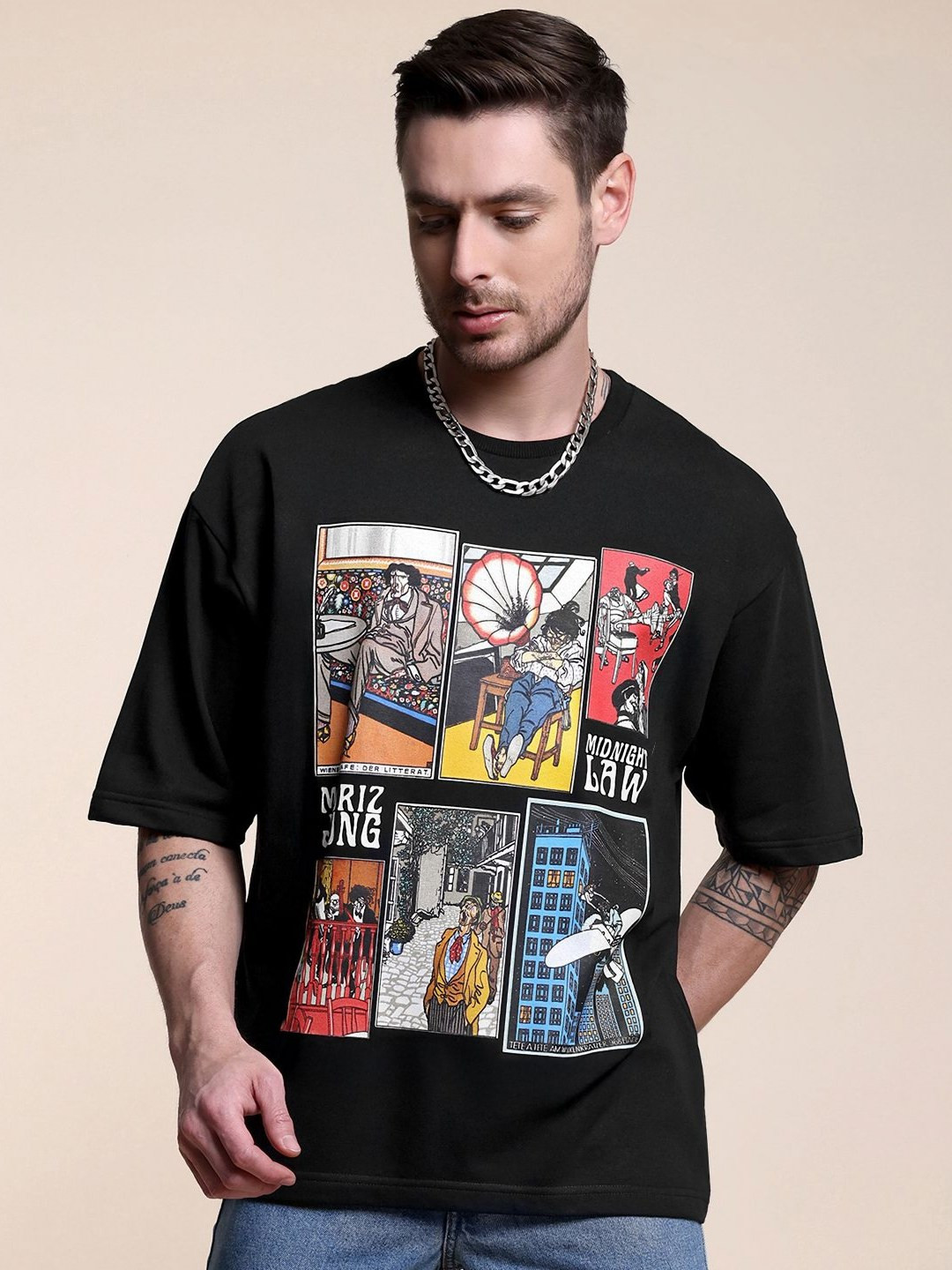 Midnight LAW Moriz Jung Graphic Printed Round Neck Cotton Oversized T-shirt