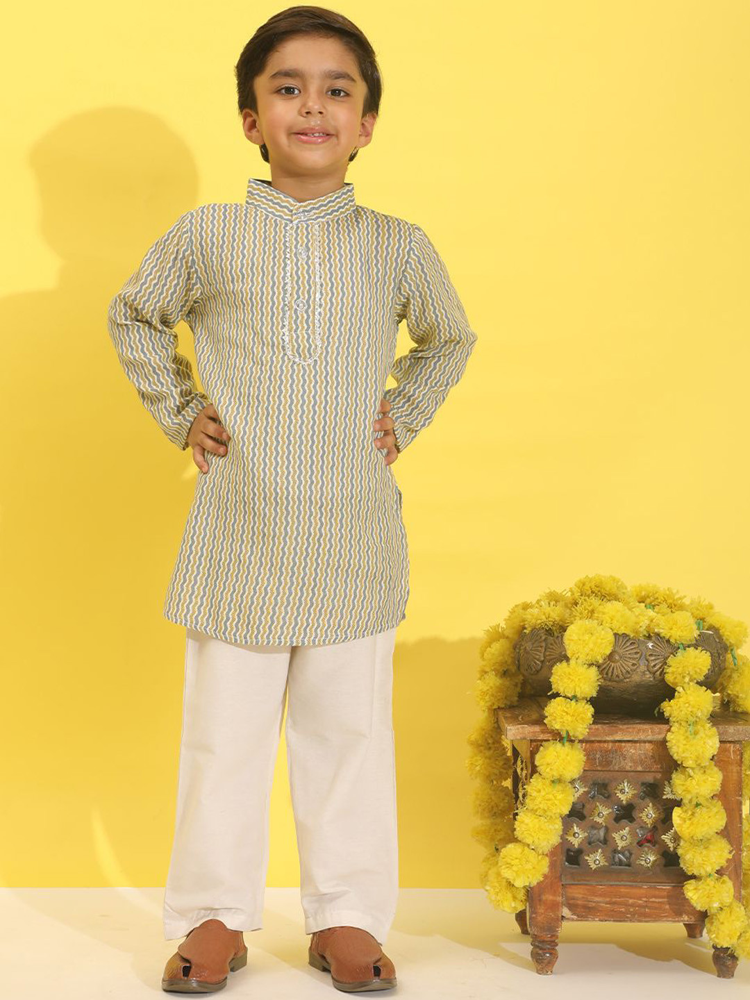 Cutiekins Boys Ethnic Motifs Printed Band Collar Kurta With Pyjamas