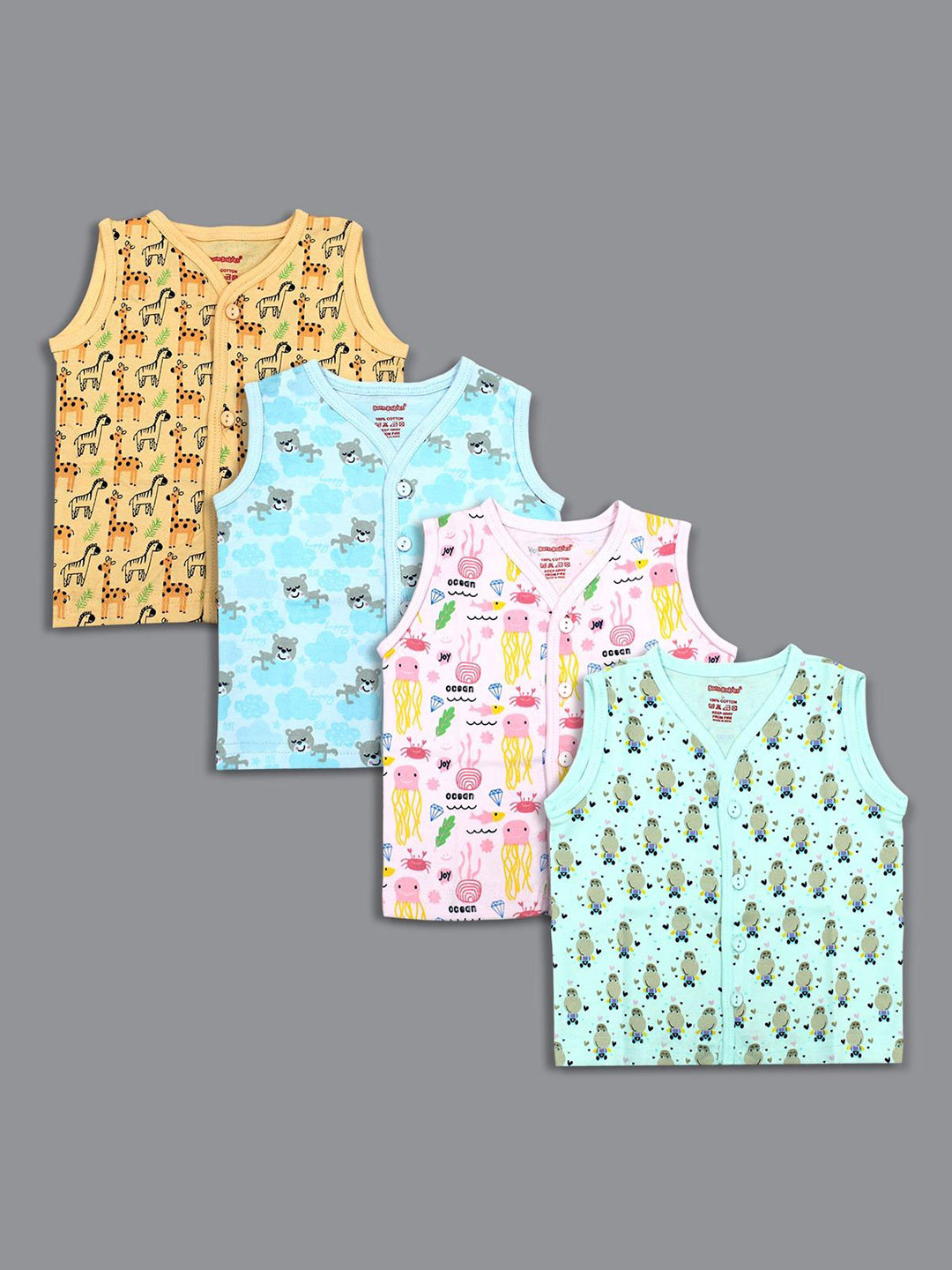 Born Babies Infants Pack Of 4 Printed Cotton Sleeveless Jhabla Vests COPBSB