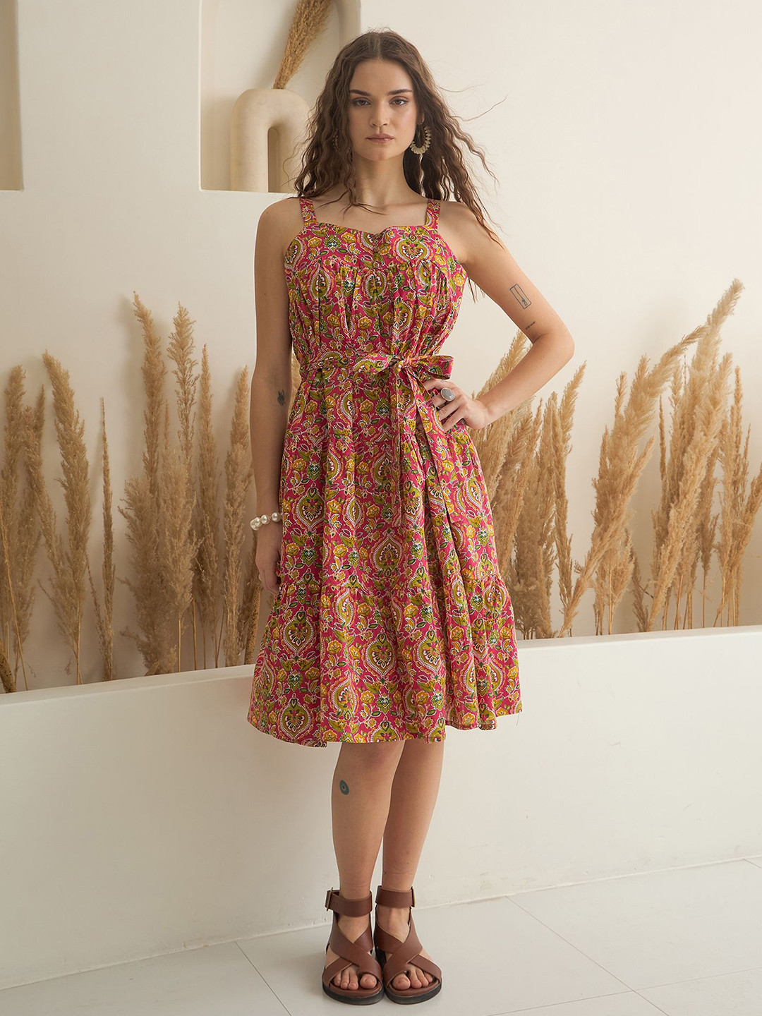 SANSKRUTIHOMES Sed Floral Cotton Knee Length A-Line Dress