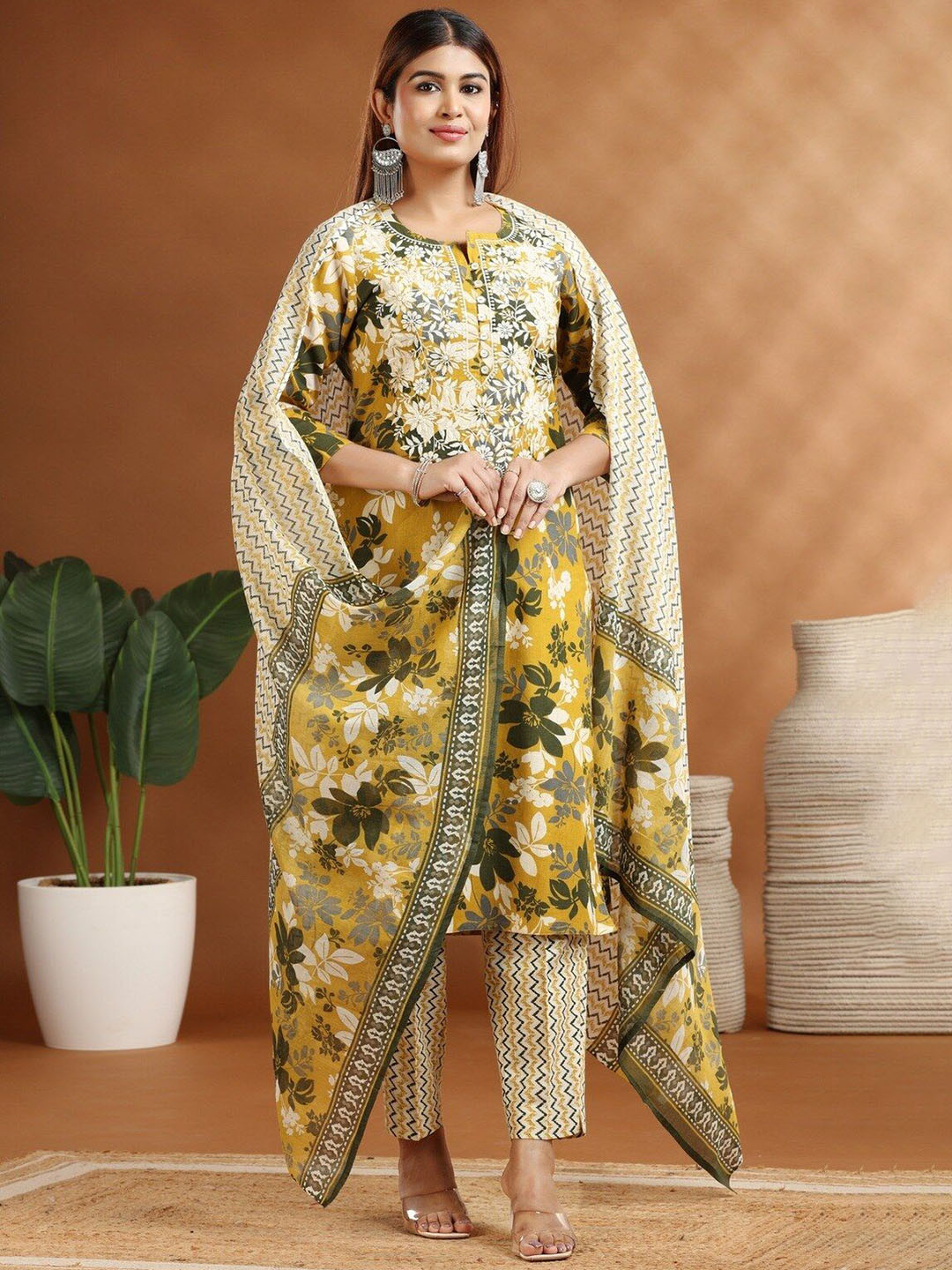 COTTON CULTURE Women Olive Green Straight Embroidered Kurta Pants and Dupatta Set