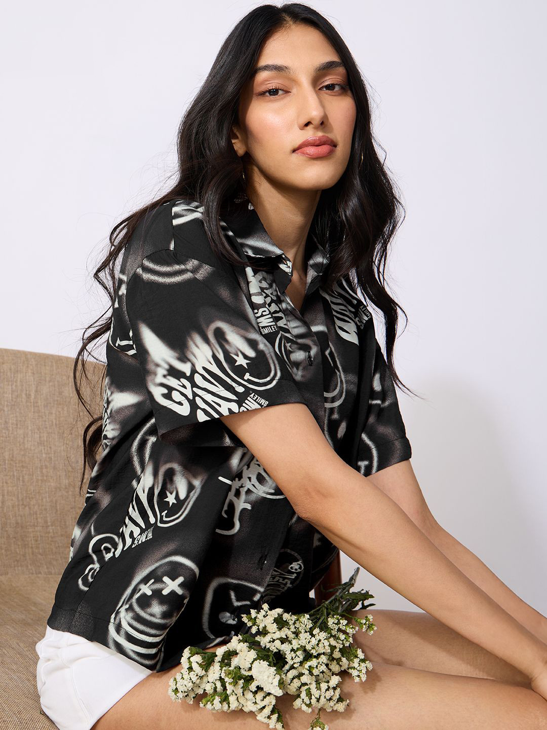 The Souled Store Oversized Smiley Shadow Haze Graphic Printed Casual Shirt