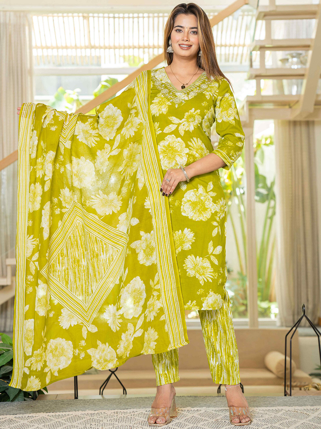 RI AND SU Floral Printed Thread Work Pure Cotton Straight Kurta With Trouser & Dupatta