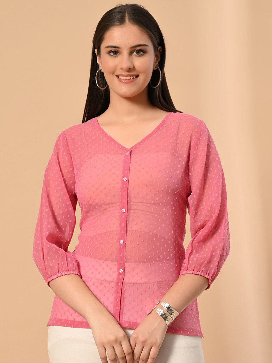 MEESAN Women V-Neck Self Design Puff Sleeves Top