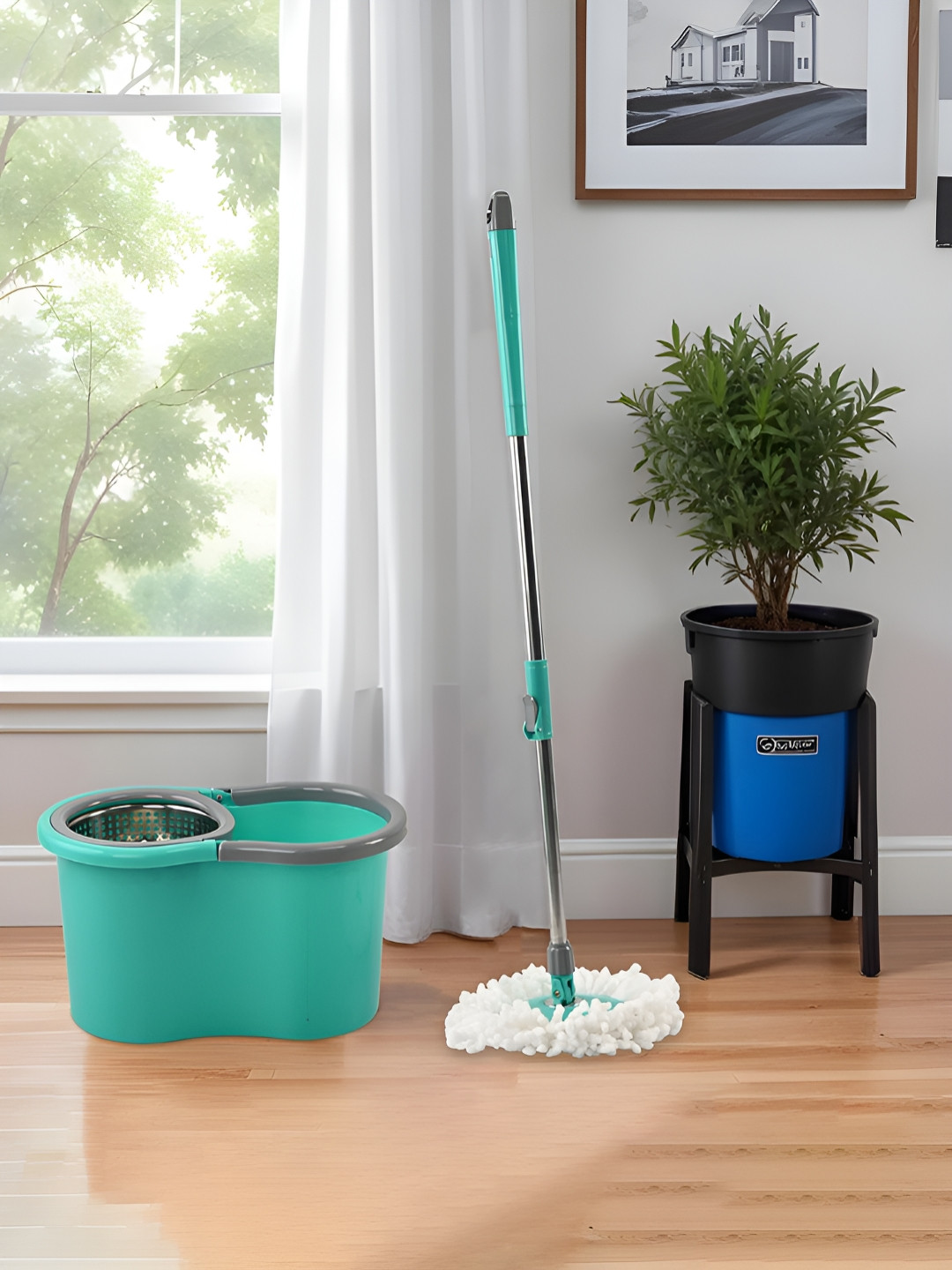 Myntra Elegant Homes Green Stainless Steel Wringer Mopping Bucket With 2 Refills