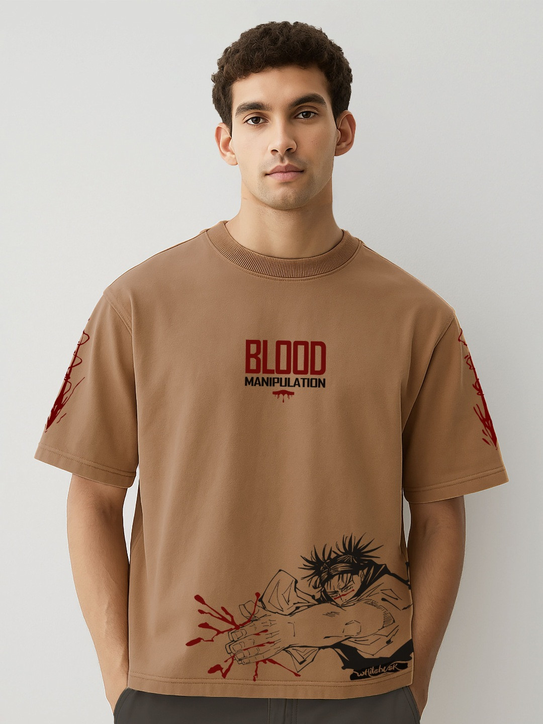 WHITE HUSK Men Choso Jujustu Kaisen Anime Printed Cotton Oversized T-shirt