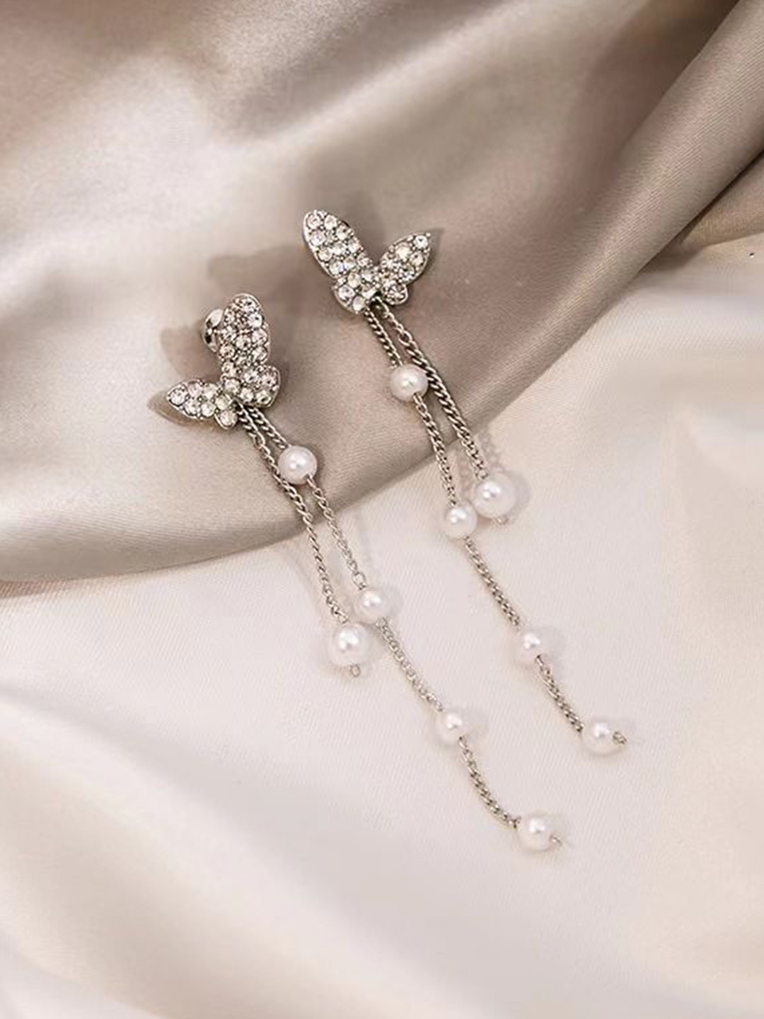 DressBerry Korean American Diamond Studded Silver-Plated and Beads Contemporary Earrings