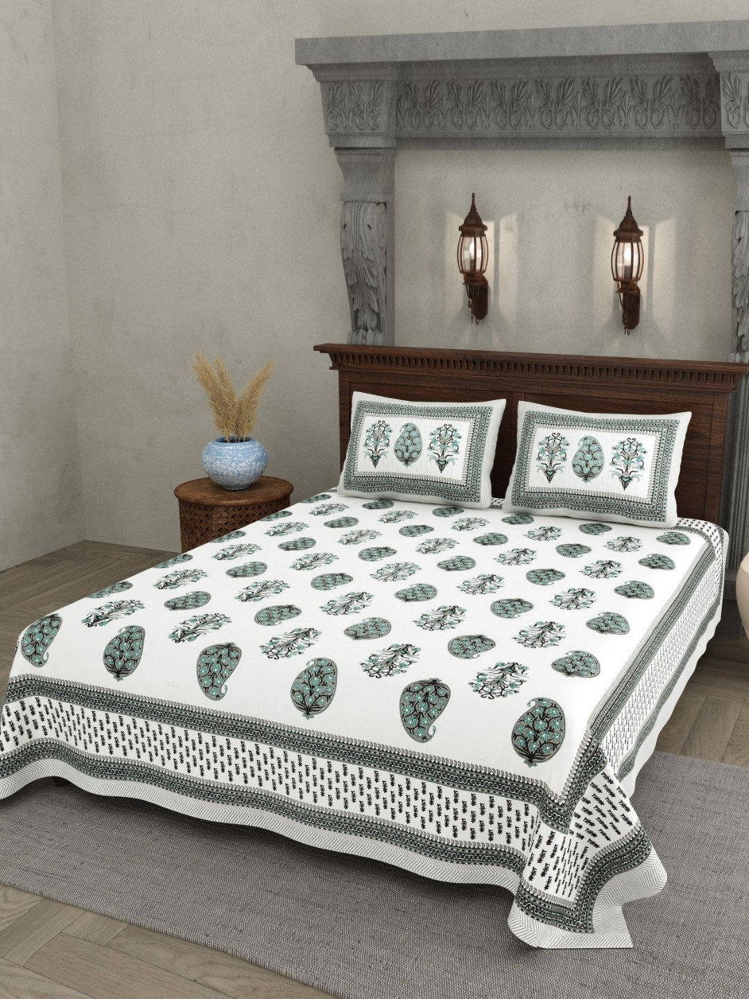 JAIPUR PRIME Black Floral Pure Cotton 200 TC Queen Superfine Bedsheet with 2 Pillow Covers-274 x 228 cm