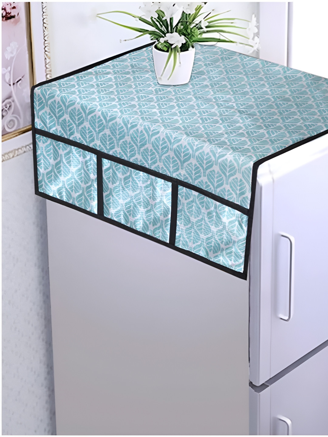 AAZEEM Sea-Green & White Printed Fridge Top Cover With 6 Utility Pockets