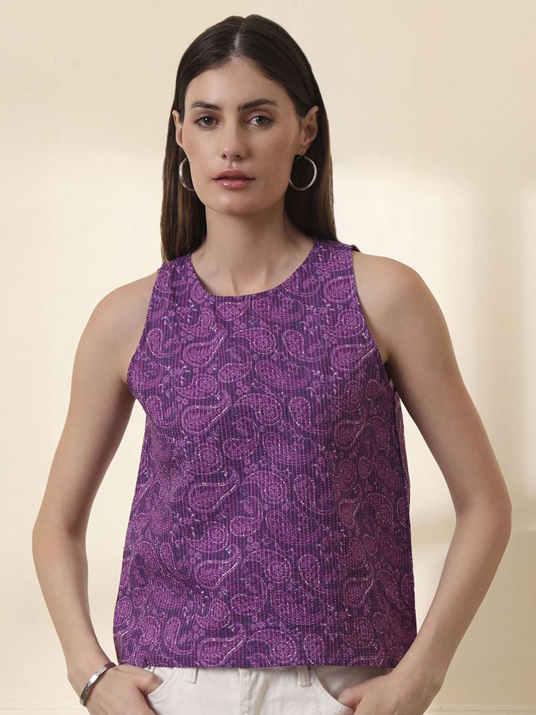 Anouk Purple Ethnic Motifs Round Neck Sleeveless Top