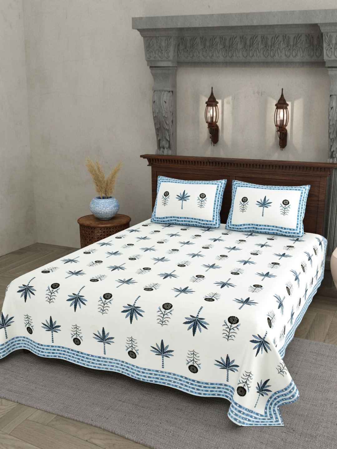 JAIPUR PRIME White Floral Pure Cotton 200 TC Queen Superfine Bedsheet with 2 Pillow Covers-274 x 228 cm
