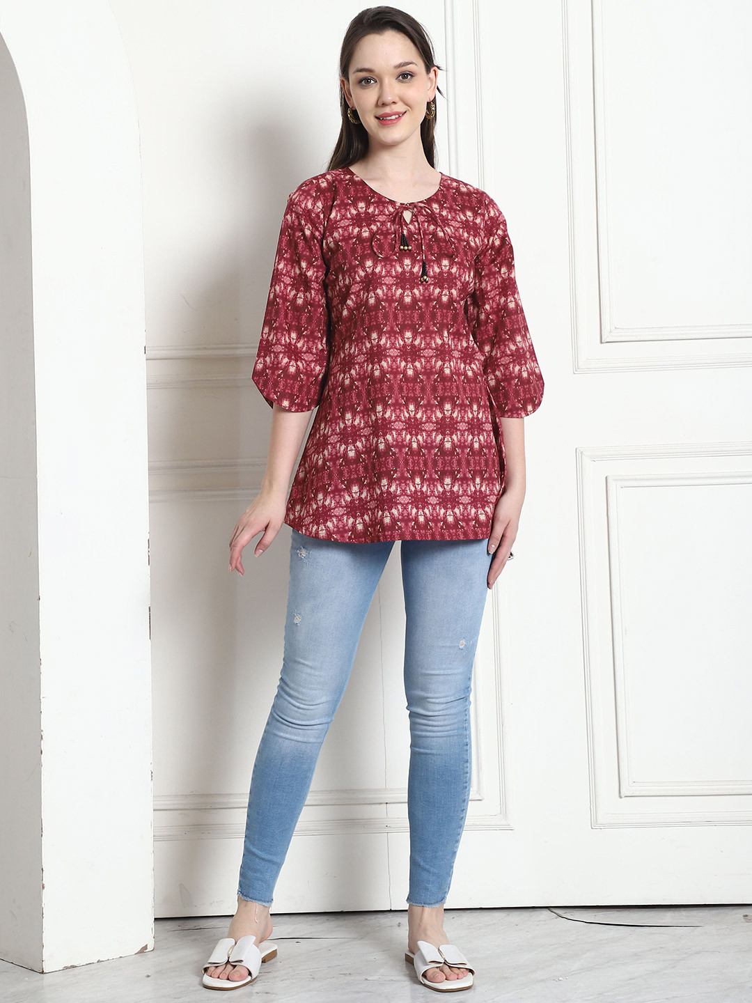 Rajnandini Women Ethnic Motifs Printed Flared Sleeves Pure Cotton Kurti