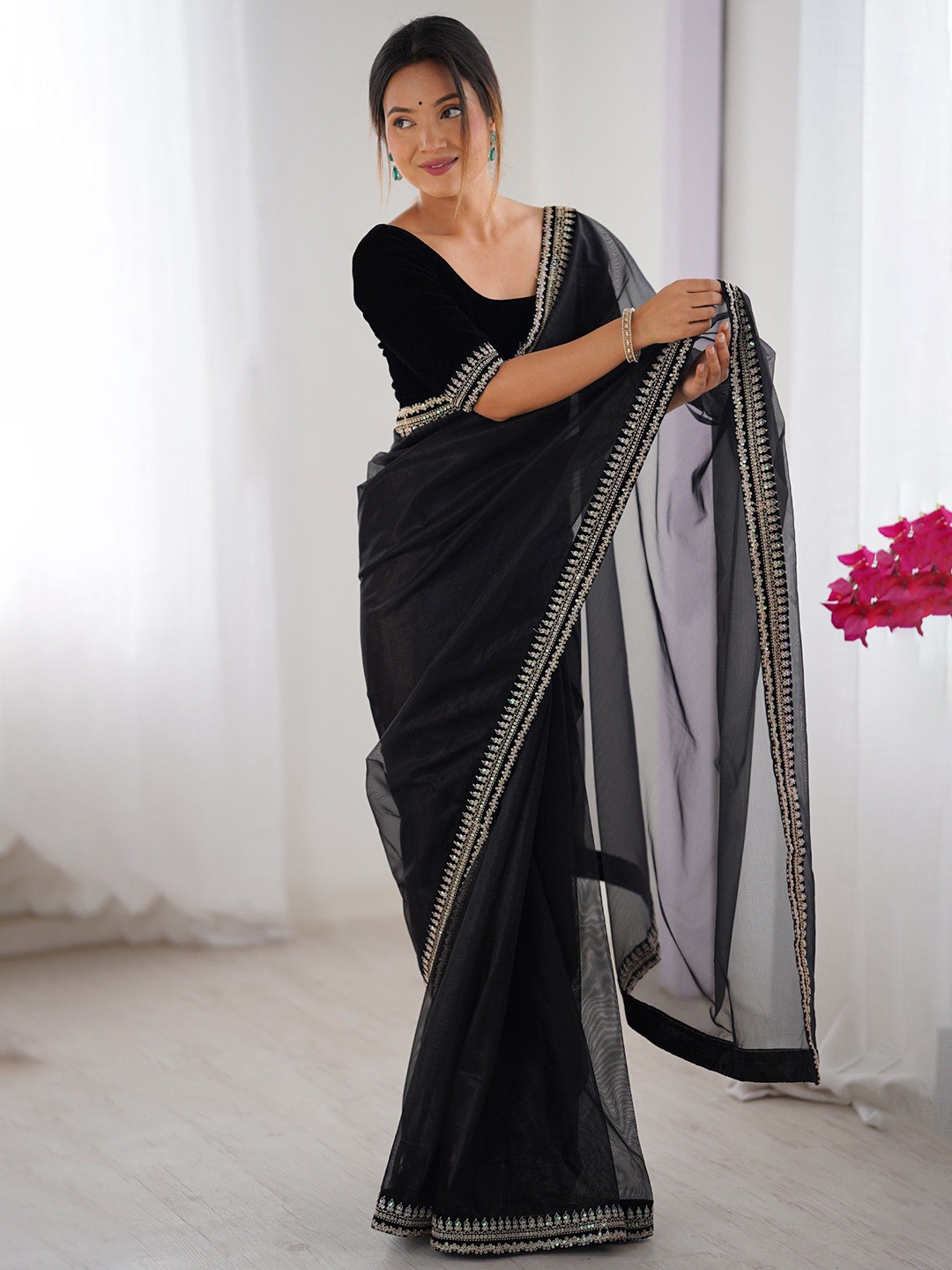 MySilkLove Meatal Black Partywear Net Saree