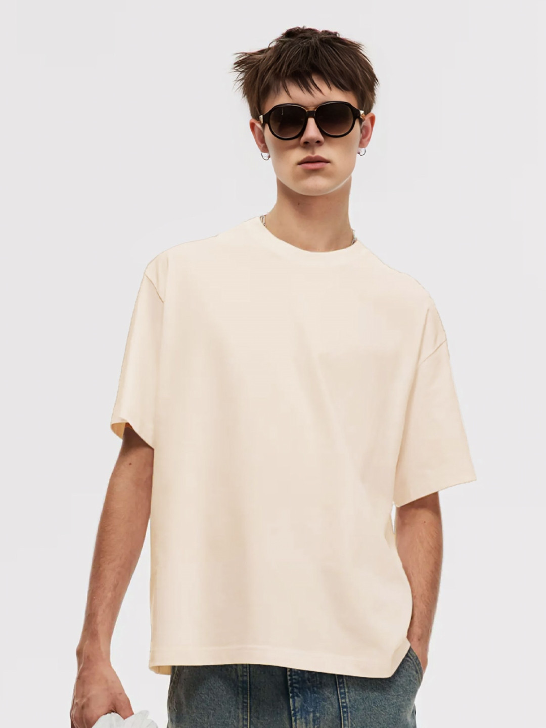 WHITE HUSK Men Solid Cream Round Neck Cotton Oversized T-shirt