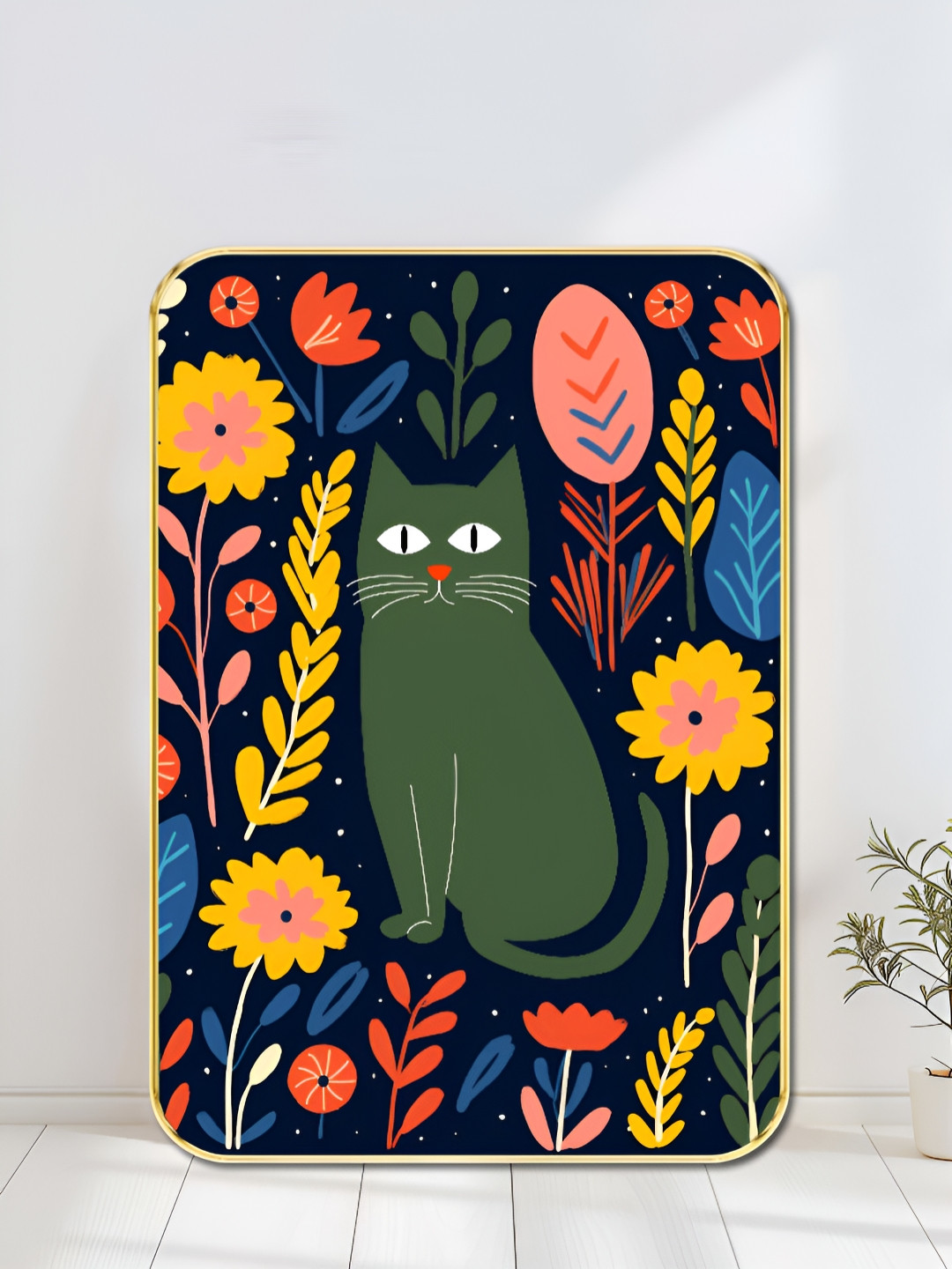 SAF Cat & Floral Wood Wall Rectangle Paintings Wall Art - 24 x 18 In