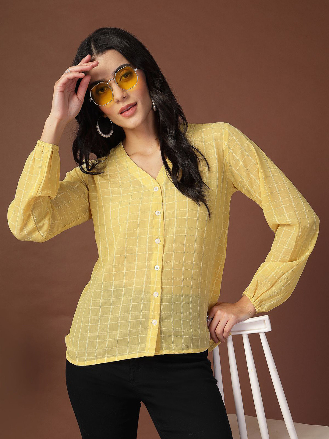KATLINE Band Collar Smart Checked Formal Georgette Shirt