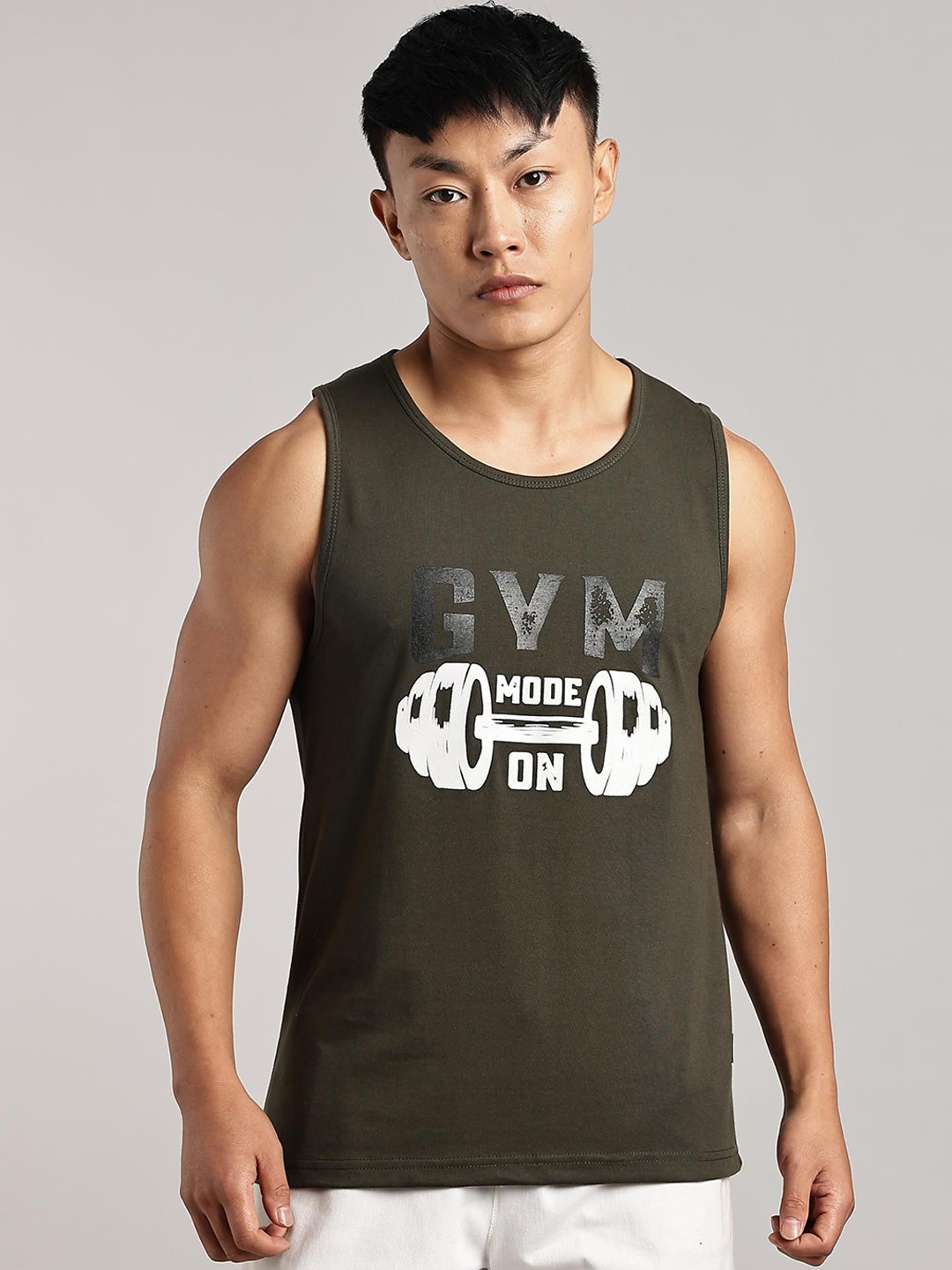 Roadking Printed Cotton Round Neck Gym Innerwear Vest 5300-Olive Green