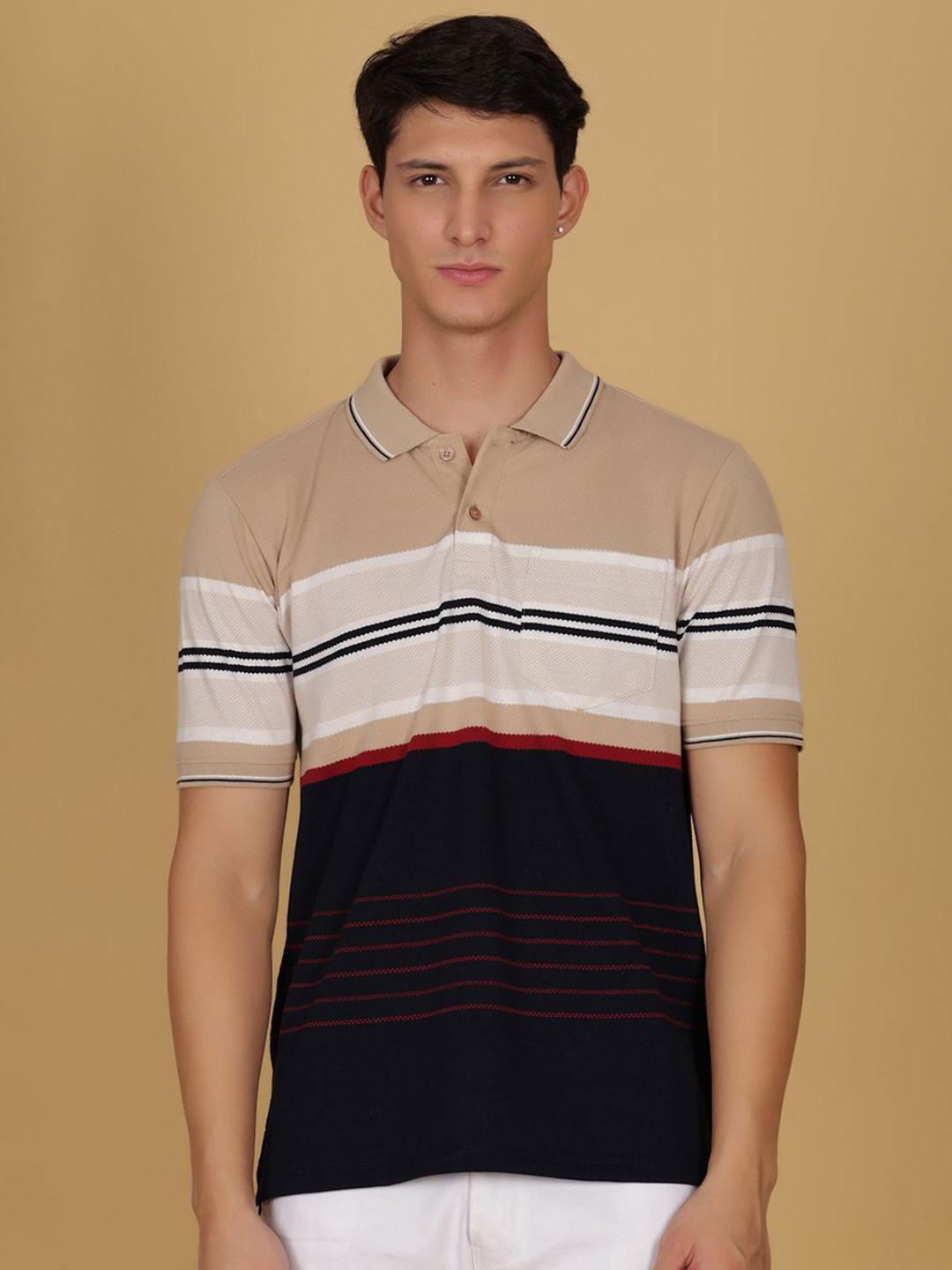 V-Mart Striped Printed Pique Polo Collar Multi or Variegate Stripes Pocket T-shirt
