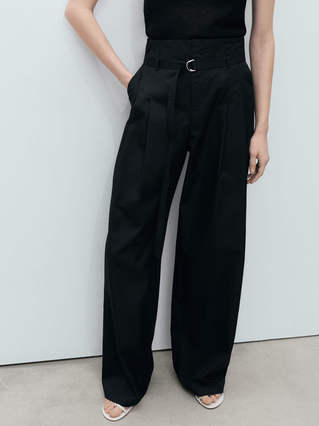 MANGO Women High-Rise Pleated Wide Leg Trousers With Adjustable Belt