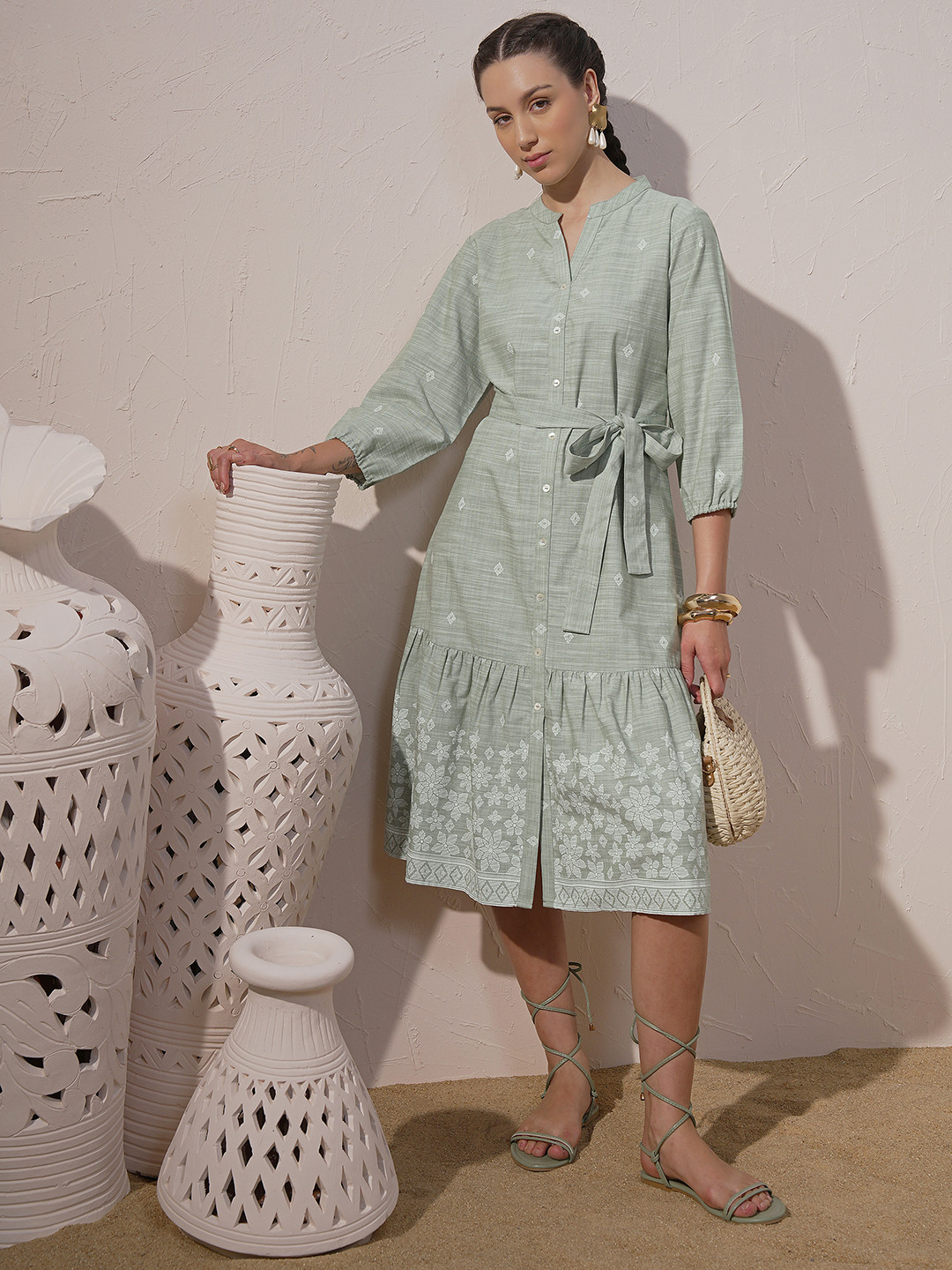 Vara By Vishudh Chambray Printed Tiered Midi Dress