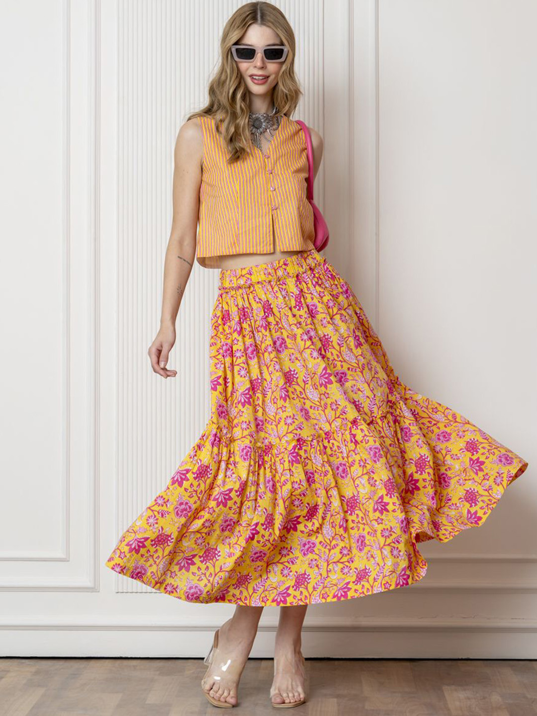 KALAMIR Printed Cotton V Neck Jacket With Skirts Co-Ords