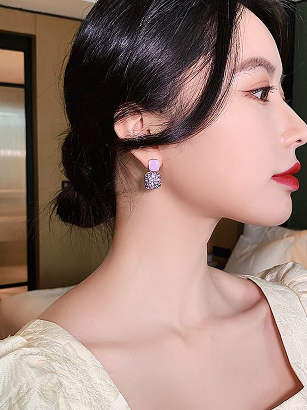 DIVASTRI Korean Gold Plated Pearls Artificial Stones Studded Square Korean Drop Earrings