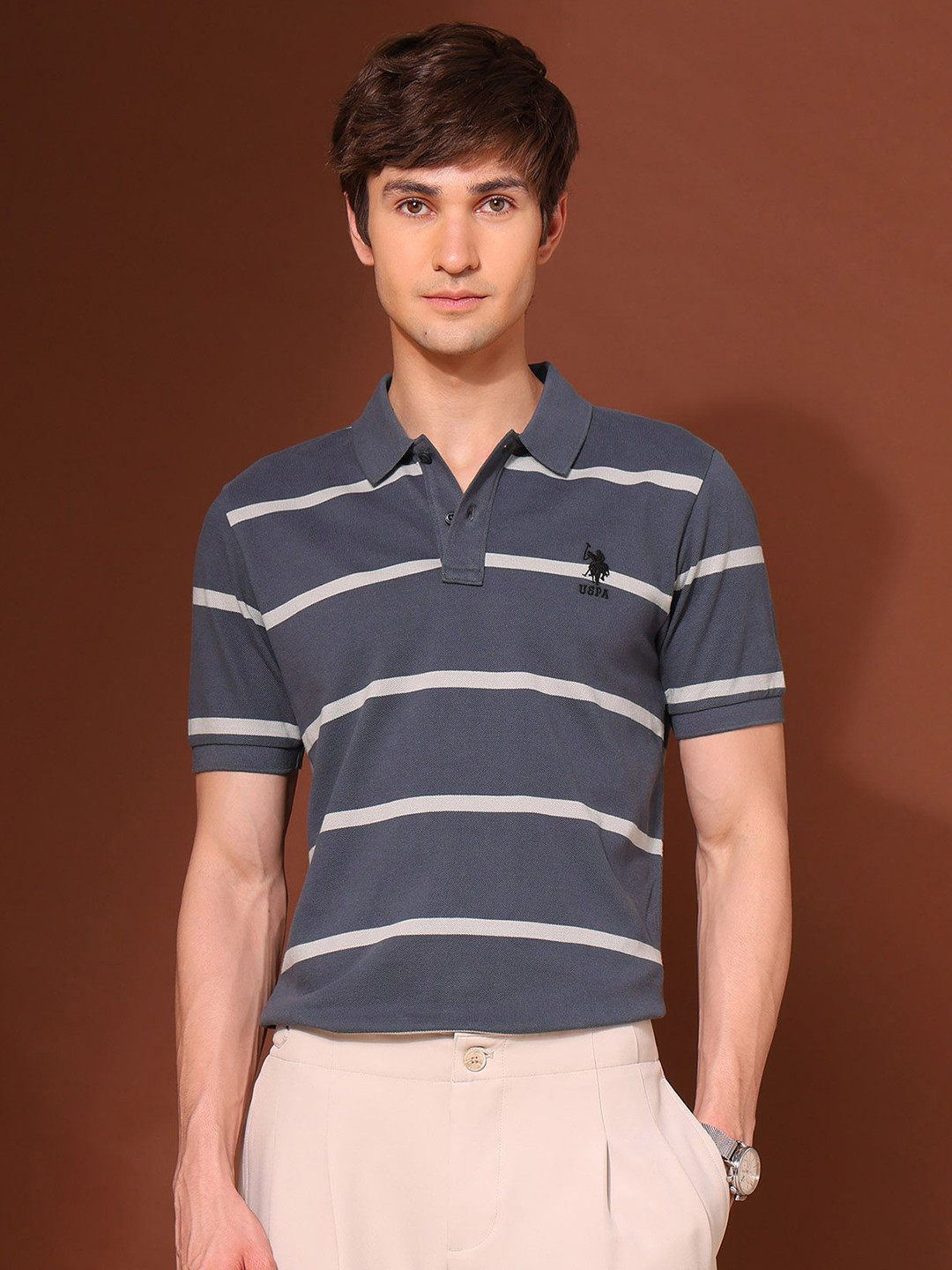 U.S. Polo Assn.Striped Printed Polo Collar Pure Cotton Applique T-shirt