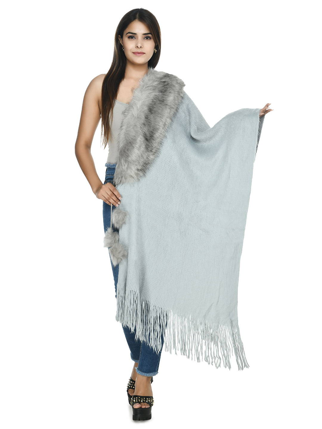 Manra Women Woolen Stole with Soft Faux Fur Stylish Stole
