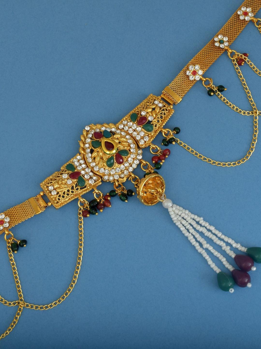 MEMOIR Gold plated Pear shape Faux Kundan Ruby Kamarpatta Waistbelt Jewellery Set