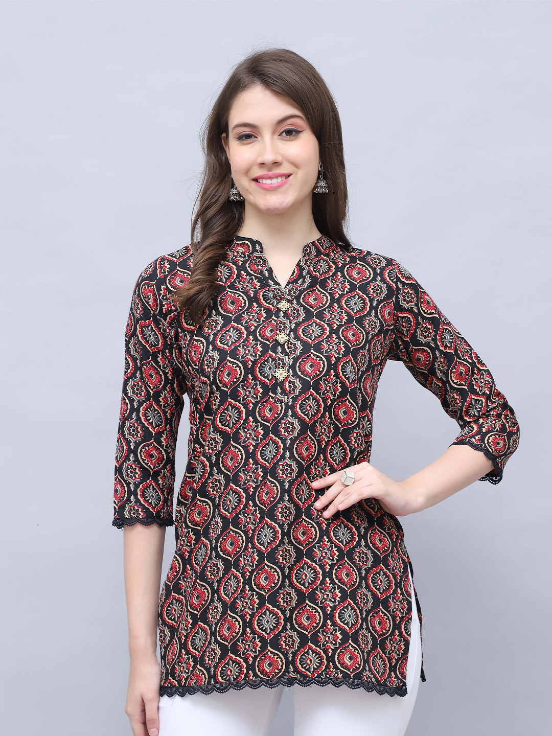 Rajnandini Ethnic Motifs Printed Mandarin Collar Cotton Silk Kurti