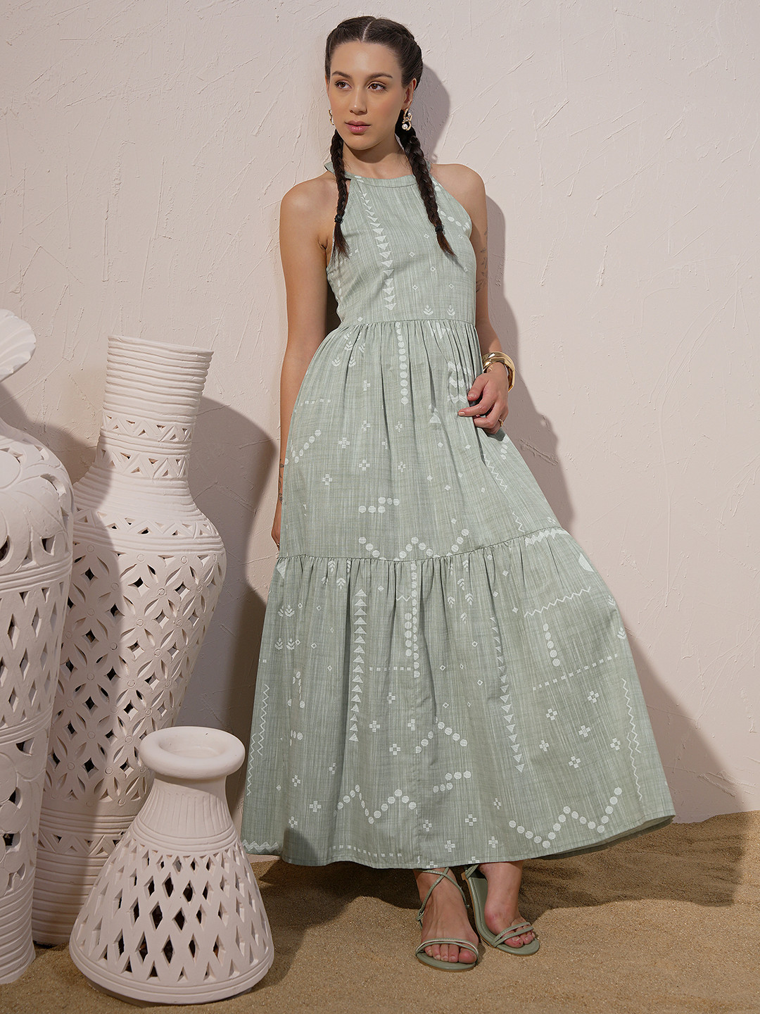 Vara By Vishudh Chambray Printed Tiered Maxi Dress