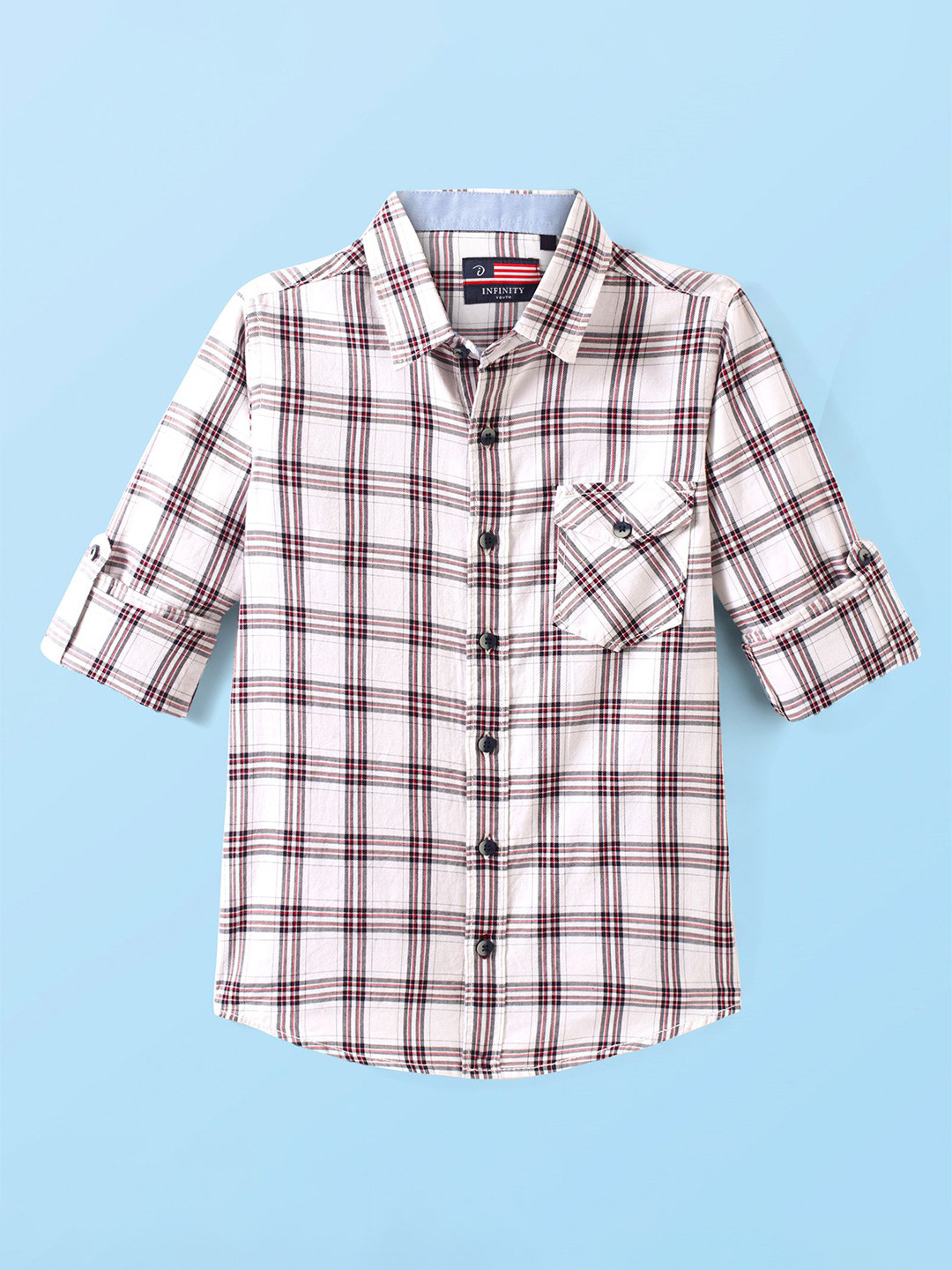 Infinity Boys Checked Spread Collarr Roll-Up Sleeves Pure Cotton Tailored Fit Shirt