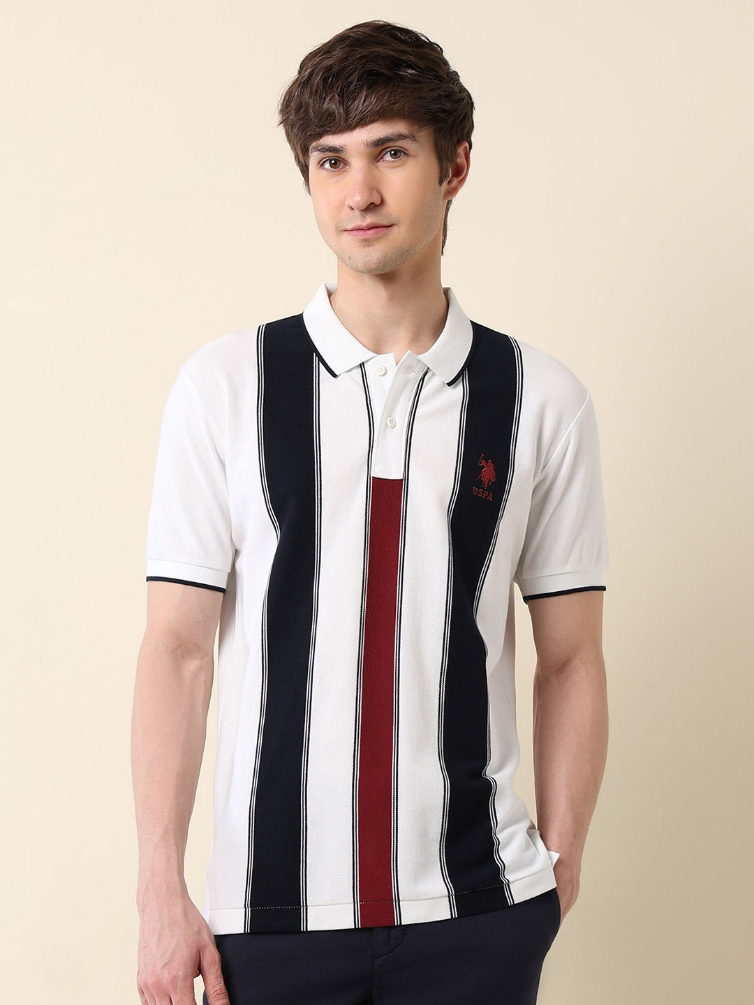 U.S. Polo Assn.Striped Printed Polo Collar Pure Cotton T-shirt