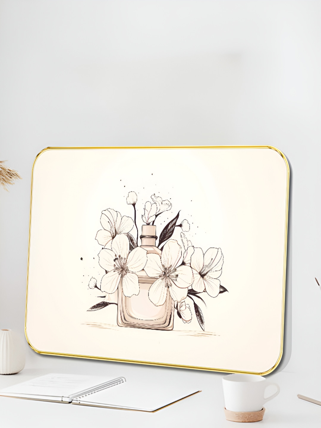 SAF Off White & Brown Floral Perfume Bottle Wooden Wall Art