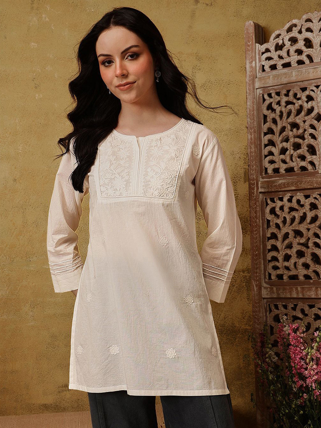 QAZMI Floral Embroidered Pure Cotton Aari Work Ethnic Kurti