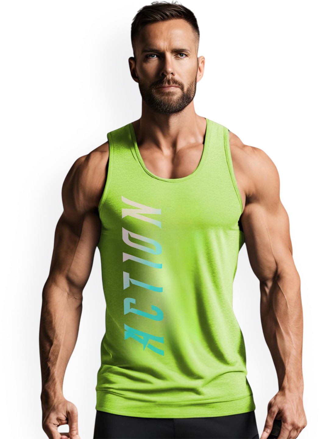 3Colors Printed Scoop Neck Gym Vests VEST-NCUT-ACTION-GREEN_M