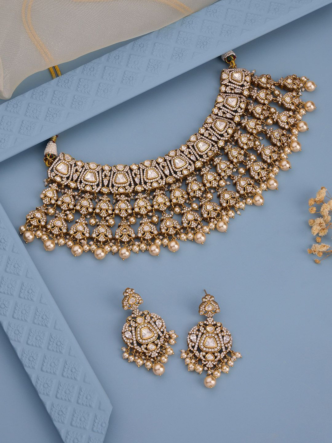 Kushal's Fashion Jewellery White Victorian-Plated Ethnic Antique Jewellery Set