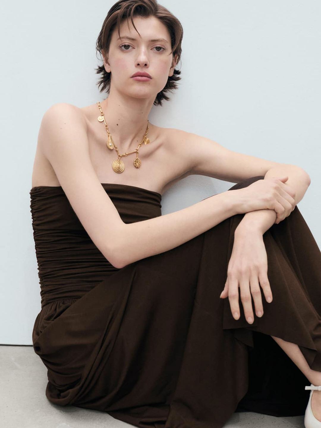 MANGO Ruched Strapless Bandeau Maxi Dress