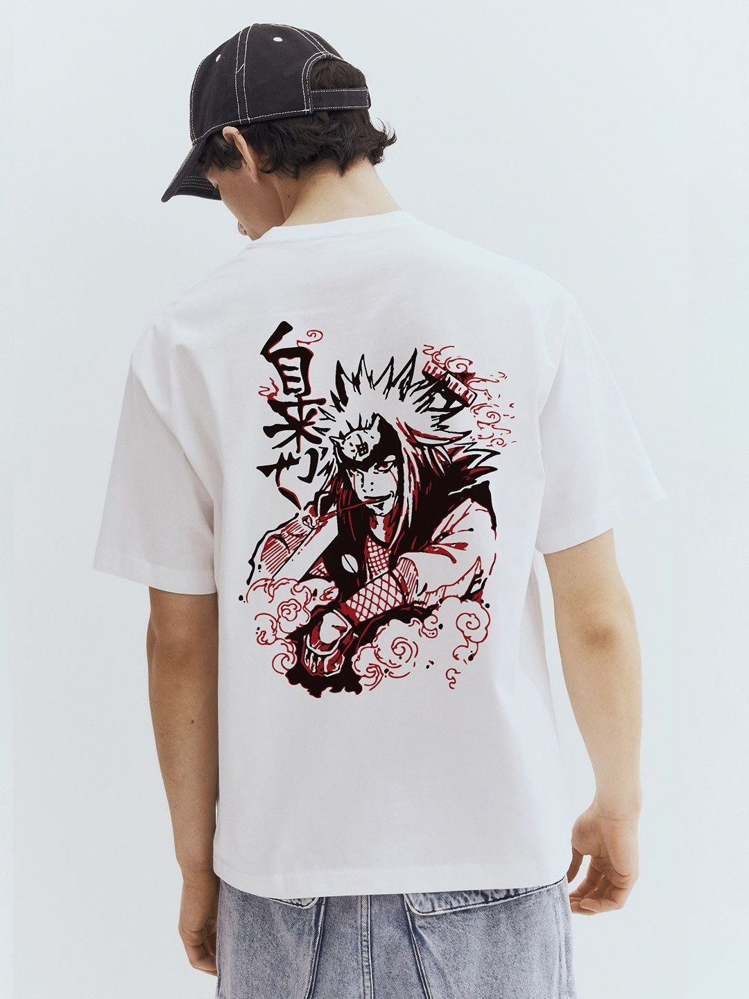 WHITE HUSK Jiraya Naruto Anime Printed Round Neck Cotton Oversized T-shirt