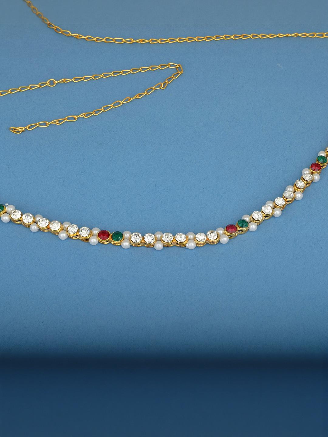 MEMOIR Gold Plated Imitation Ruby Emerald & White Diamond Sleek Waist Belt Jewellery Set