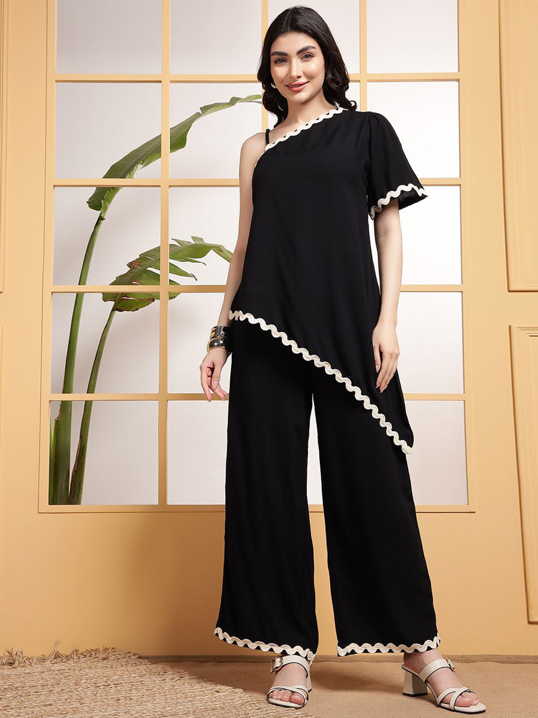 DEEBACO One Shoulder Asymmetric Tunic & Trousers Co-Ord Set