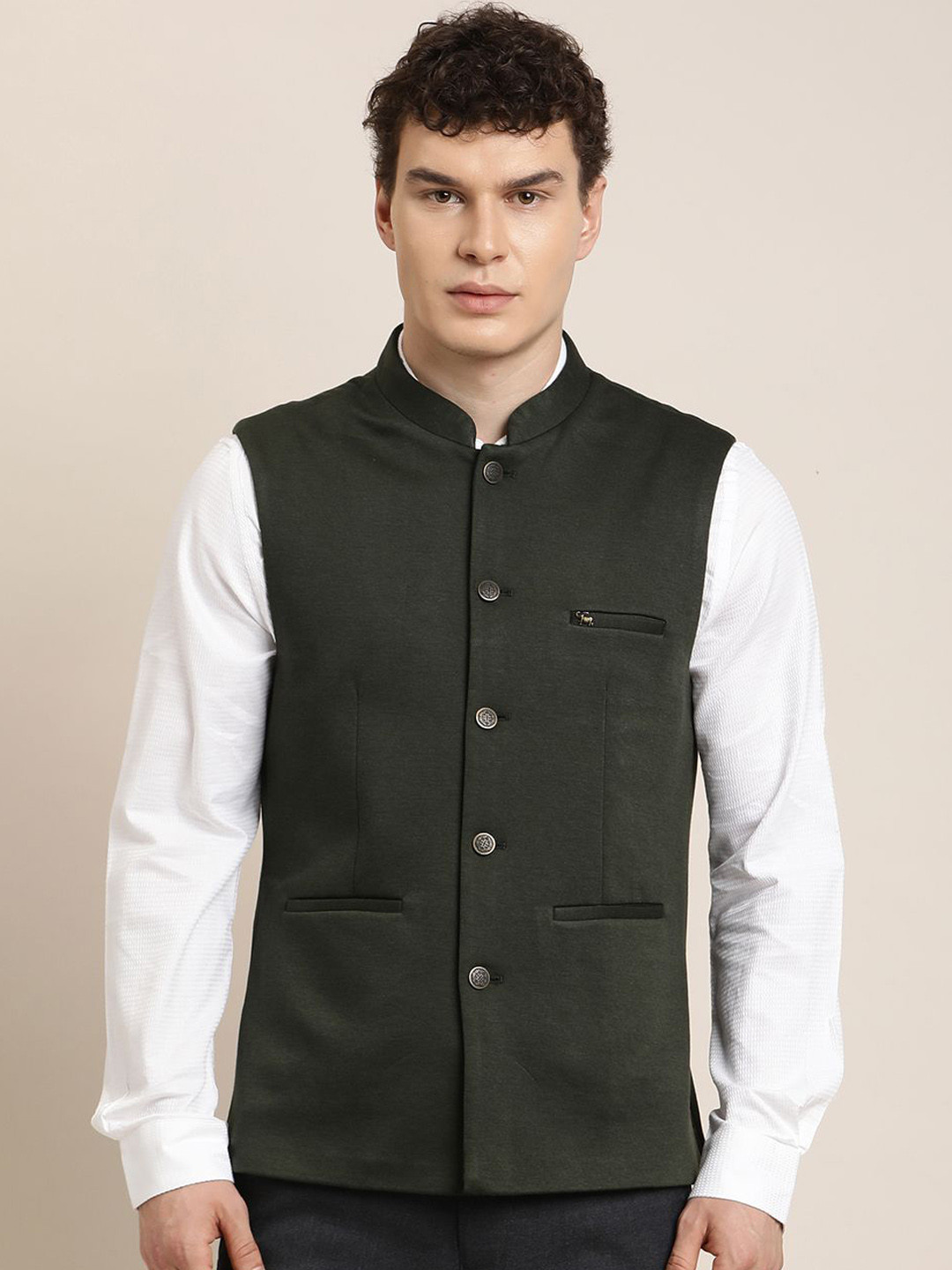 Turtle Knitted Mandarin Collar Nehru Jacket