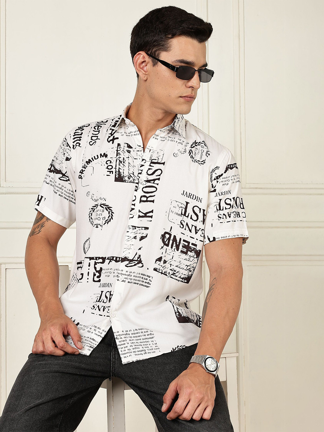 BS BLUE SQUAD Men India Slim Tailored Fit Typography Printed Spread Collar Casual Shirt