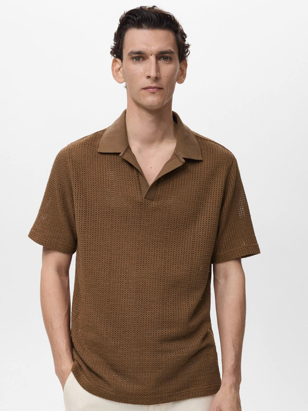 MANGO MAN Open-Weave Polo Collar T-shirt