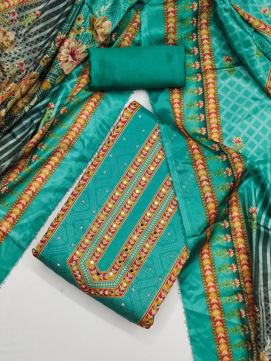 LeeliPeeri Designer Floral Printed Embellished France Silk Unstitched Dress Material